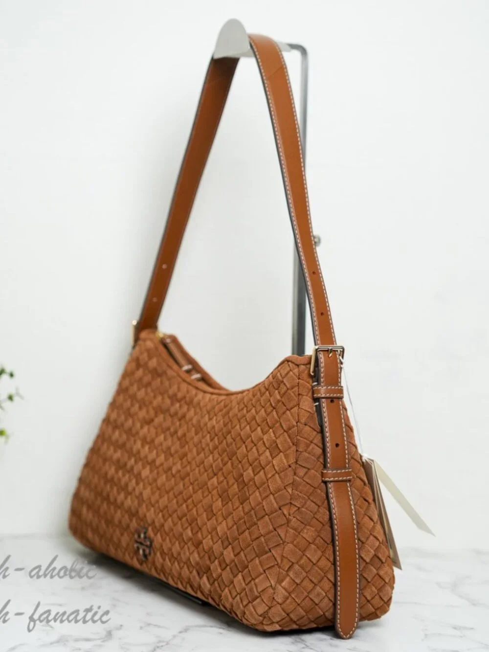Tory Burch Thea Woven Suede Zip Top Shoulder Bag in Chicory Brown NWT
